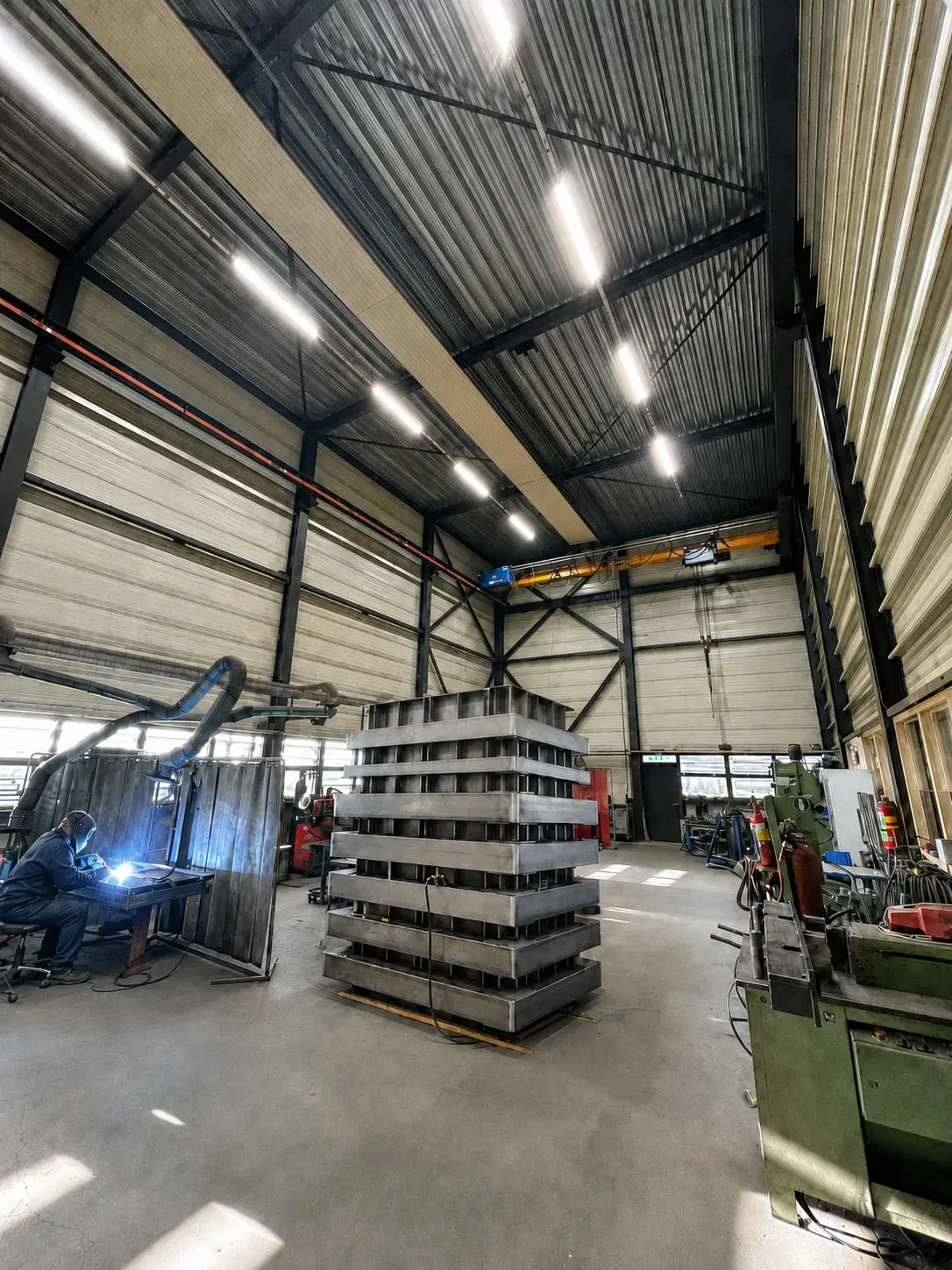 Constructiehal met stalen werkstukken en een bovenloopkraan.