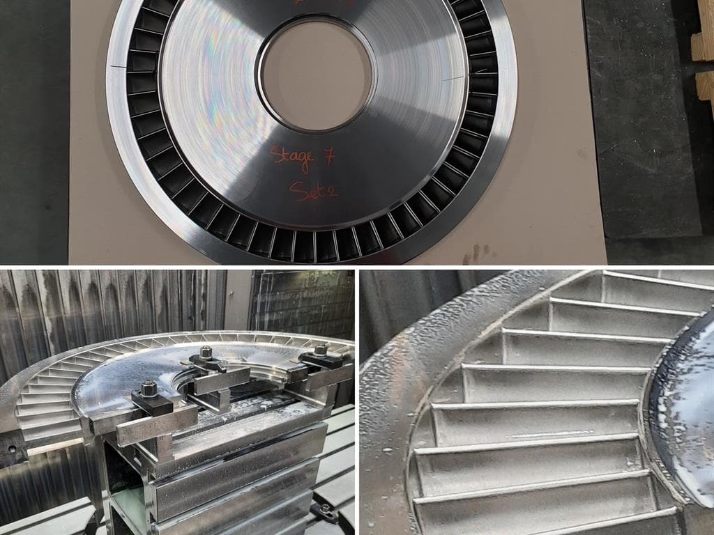 Detail images of circular components and machining for Stork Turbo Blading.